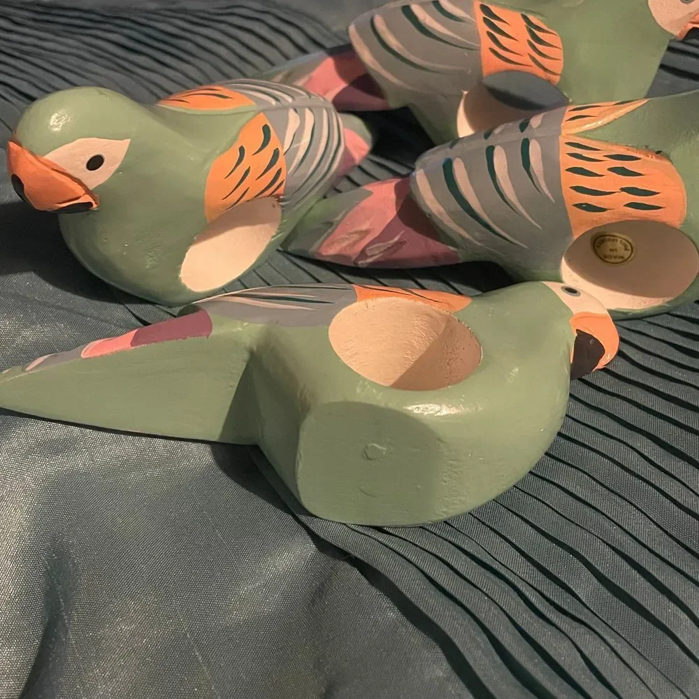 1980s Handpainted Wood Tropical Bird Parrot Napkin Rings Made in the Phillipines